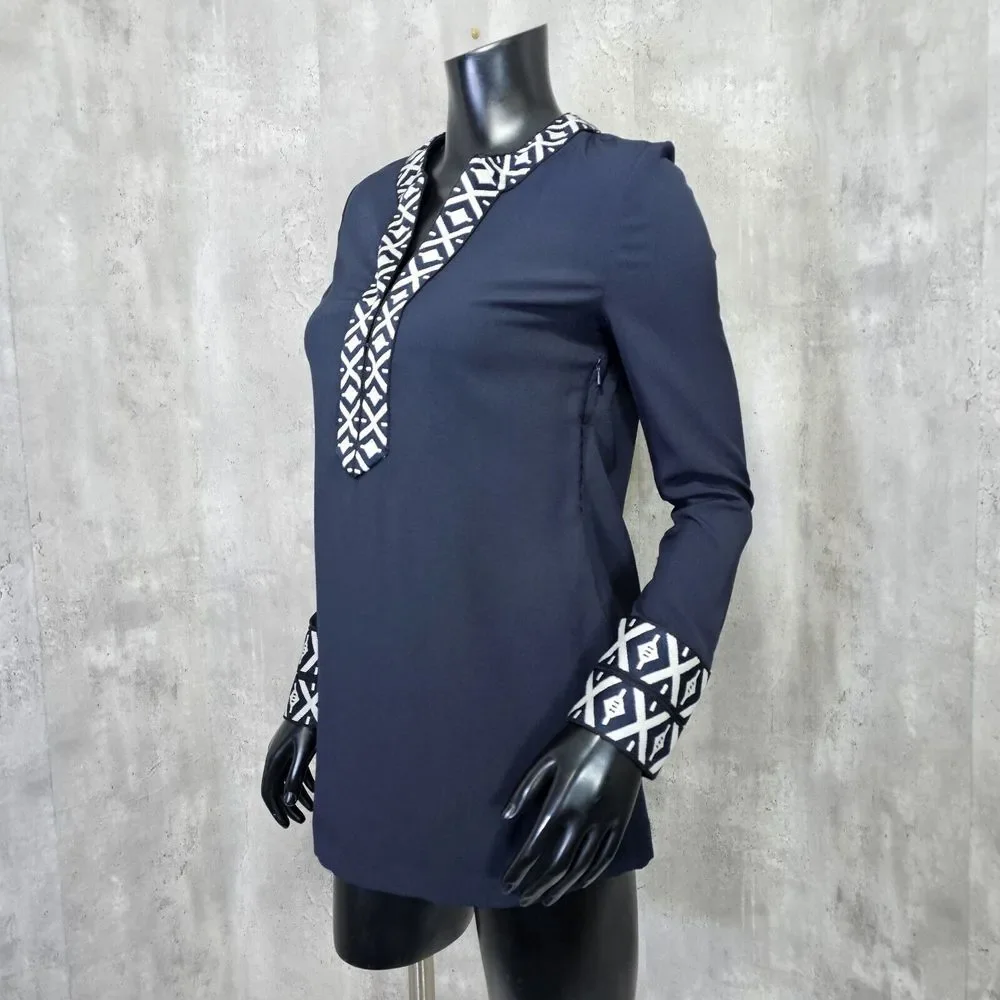 Tory Burch 2 Navy Blue Ariana Embroidered Knit Trim V Neck Long Sleeve Tunic Top